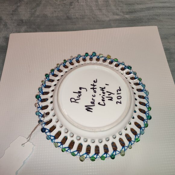 Artist Signed Beaded Dish Pine Needle Ruby Marcotte New York Art Mixed academia - Picture 6 of 10